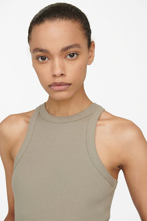 Anine Bing ribbed green Khaki Tank Top with high crew neck