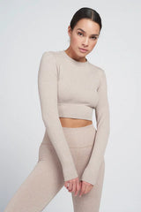 Polly rib long-sleeve cropped top - Beige Melange