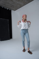 ReDone stretch high rise cropped light Blue Jeans with raw hem